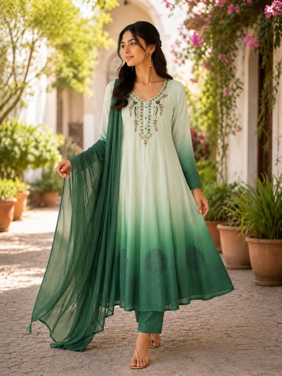 Designer Embroidered Ombre Anarkali Suit Set with Dupatta