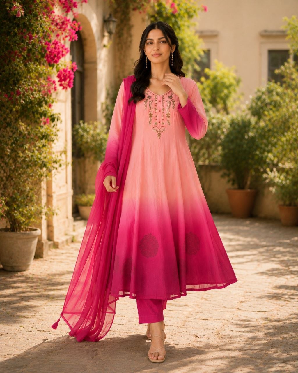 Designer Embroidered Ombre Anarkali Suit Set with Dupatta