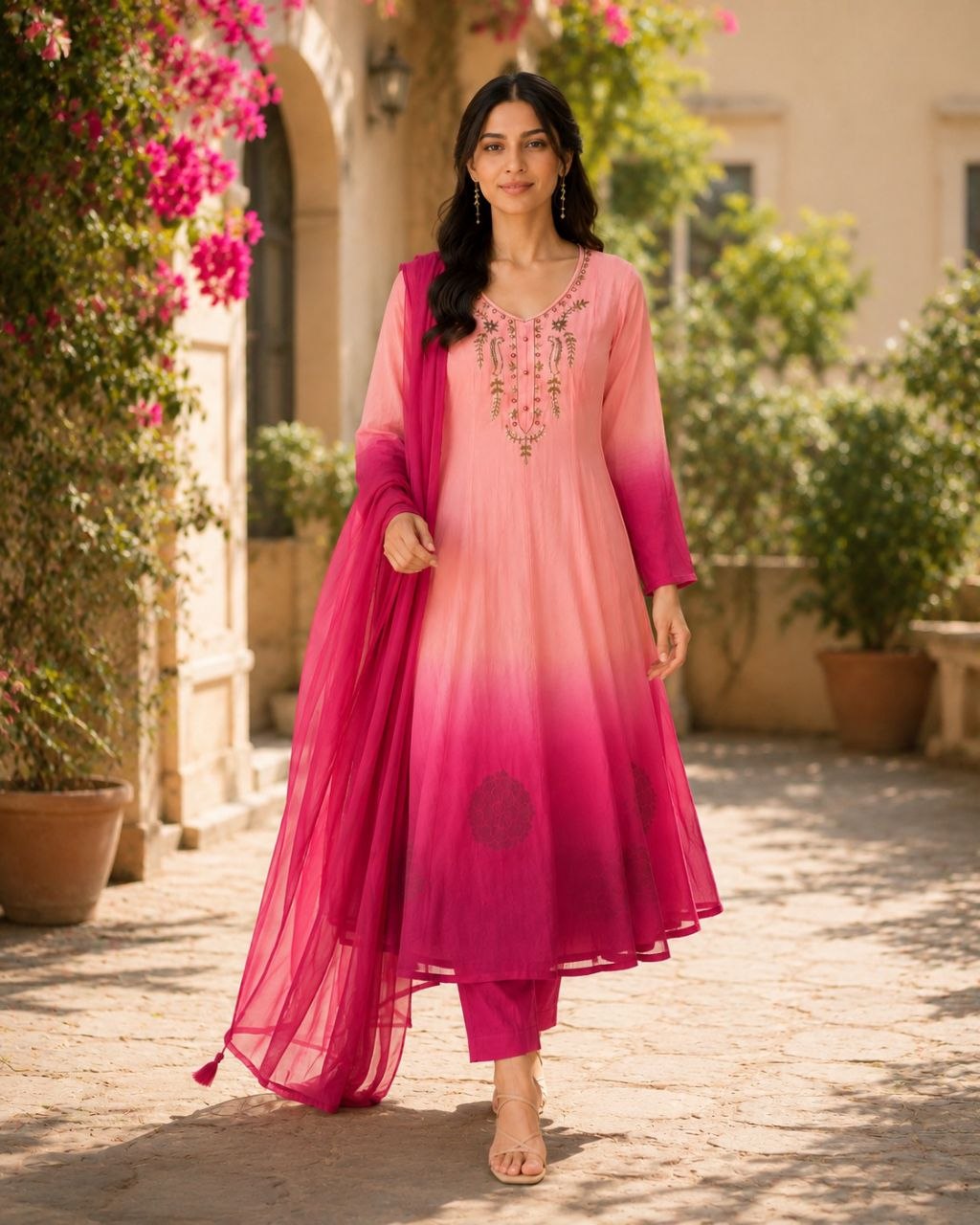 Designer Embroidered Ombre Anarkali Suit Set with Dupatta