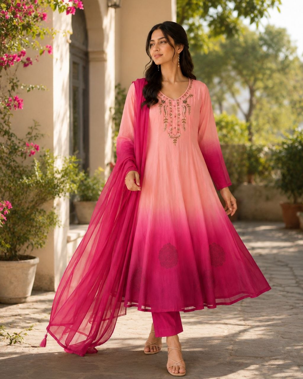 Designer Embroidered Ombre Anarkali Suit Set with Dupatta