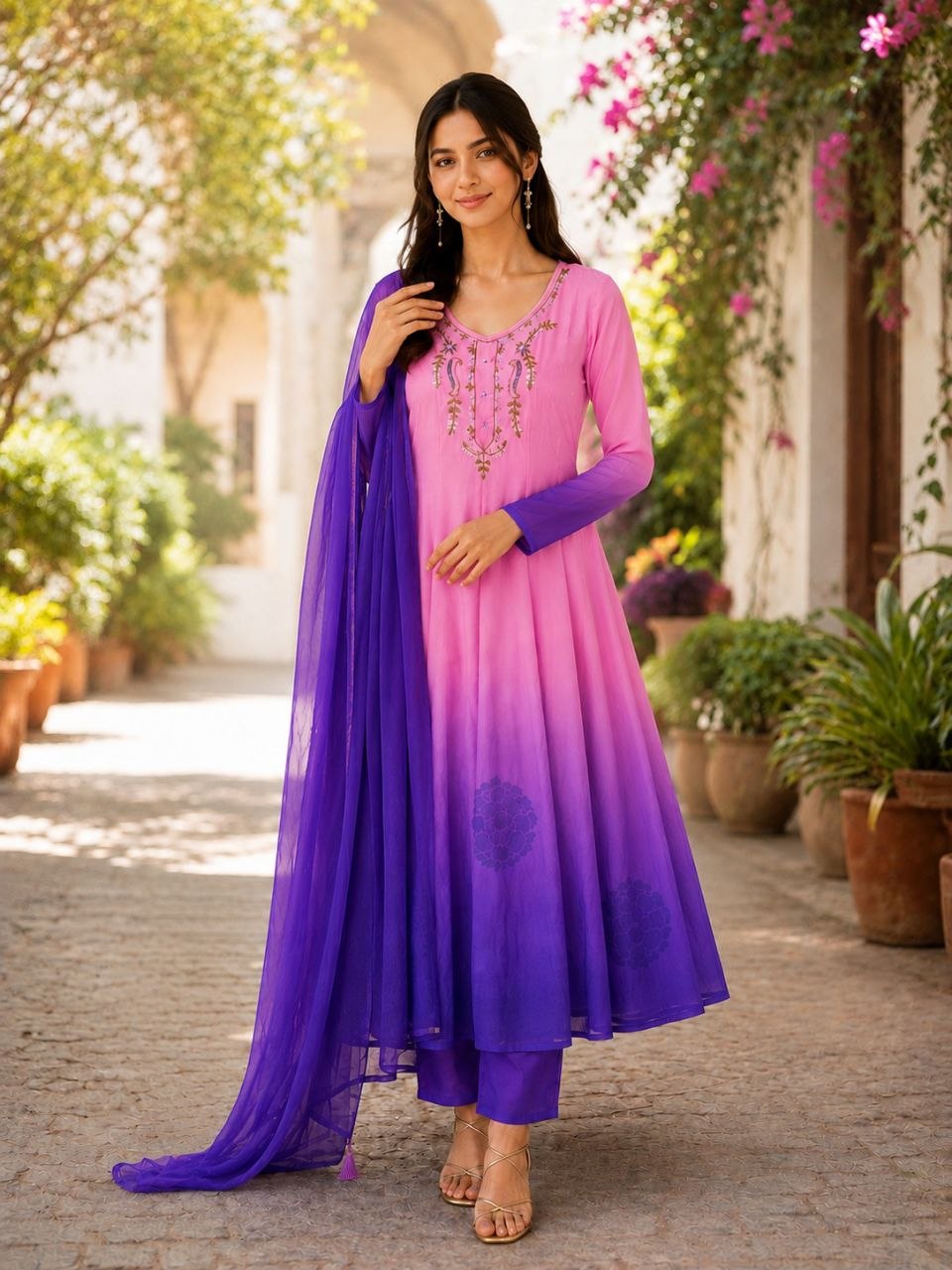 Designer Embroidered Ombre Anarkali Suit Set with Dupatta
