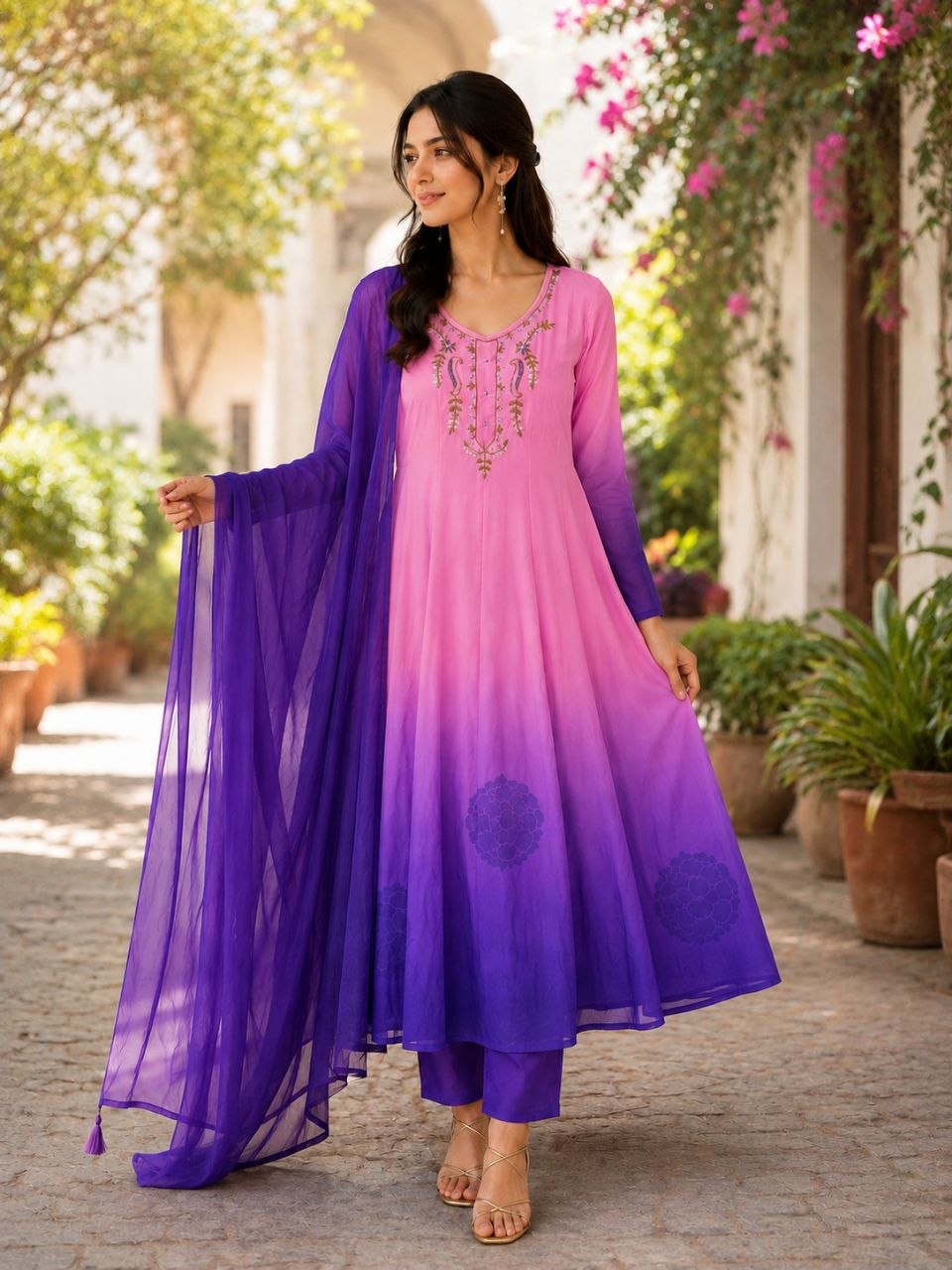 Premium orange chiffon Anarkali suit set with traditional handwork neckline and dupatta