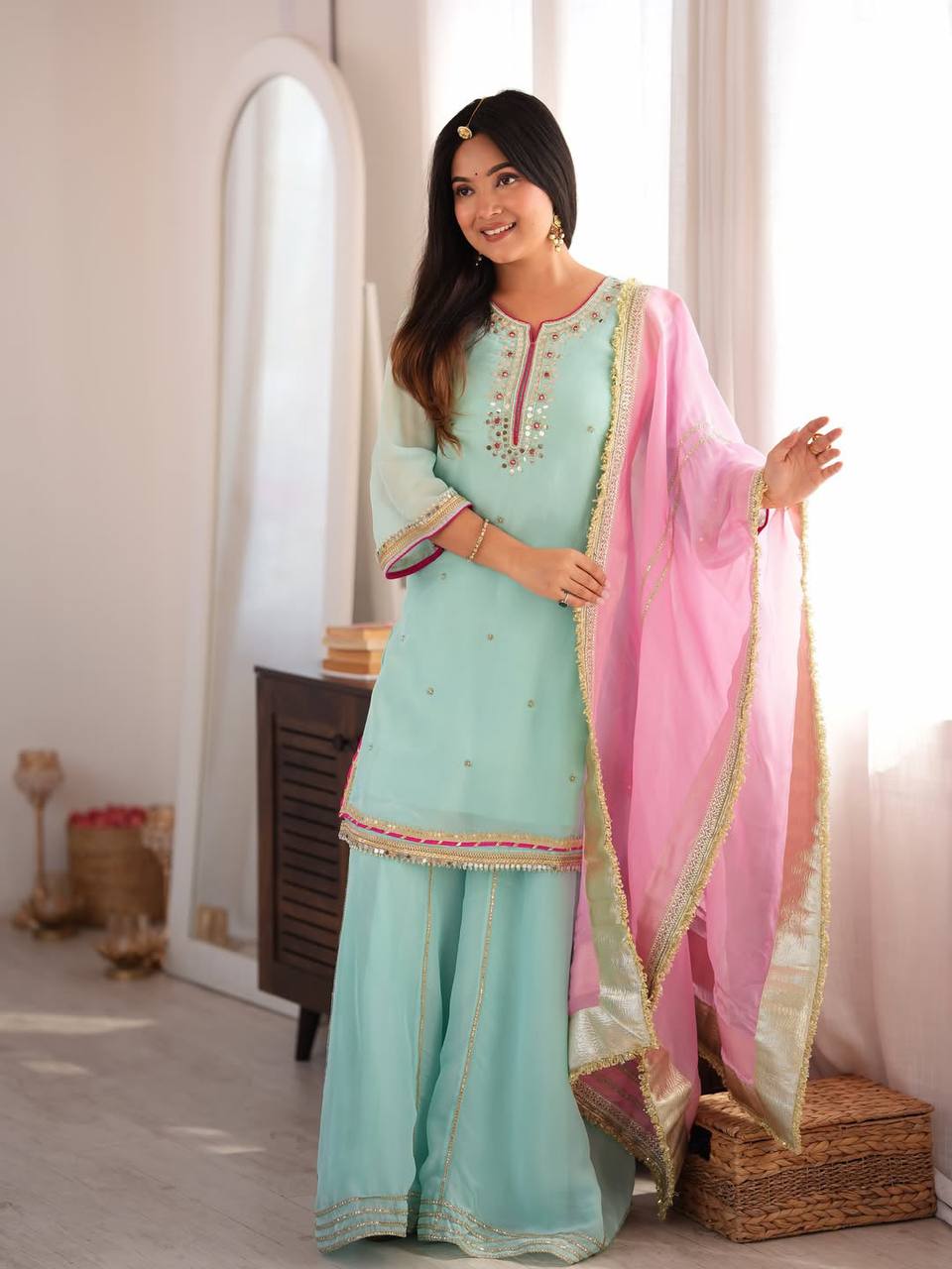 Designer Embroidered Pakistani Suit Set with Sharara & Dupatta