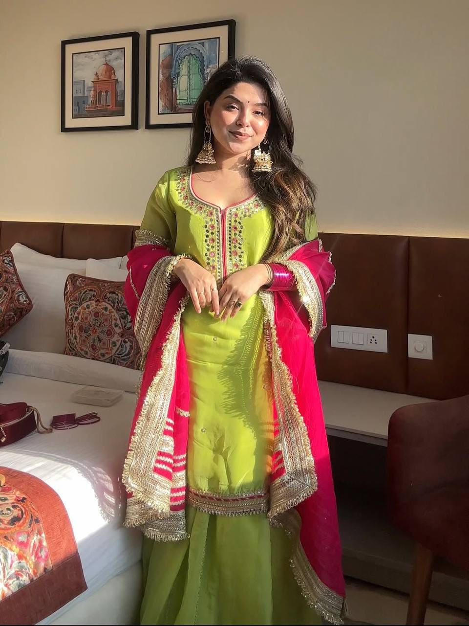 Designer Embroidered Pakistani Suit Set with Sharara & Dupatta