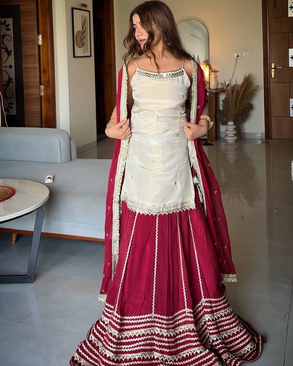 Designer Maroon & Ivory Embroidered Lehenga Choli Set with Dupatta