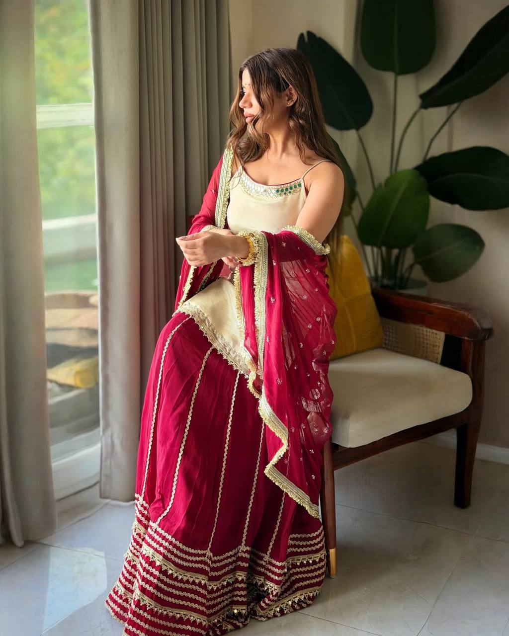 Designer Maroon & Ivory Embroidered Lehenga Choli Set with Dupatta