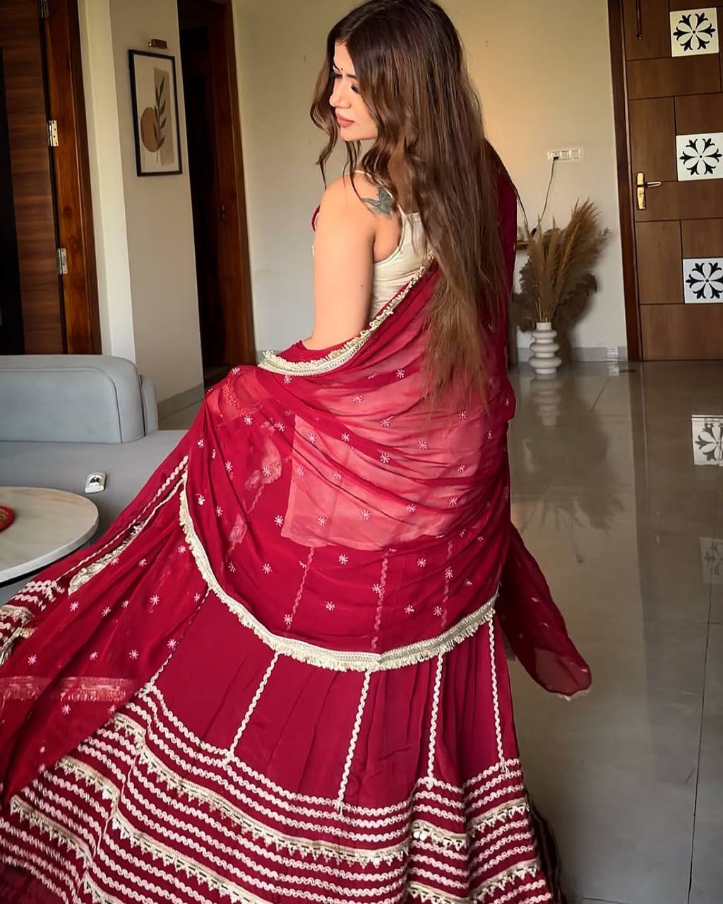 Designer Maroon & Ivory Embroidered Lehenga Choli Set with Dupatta