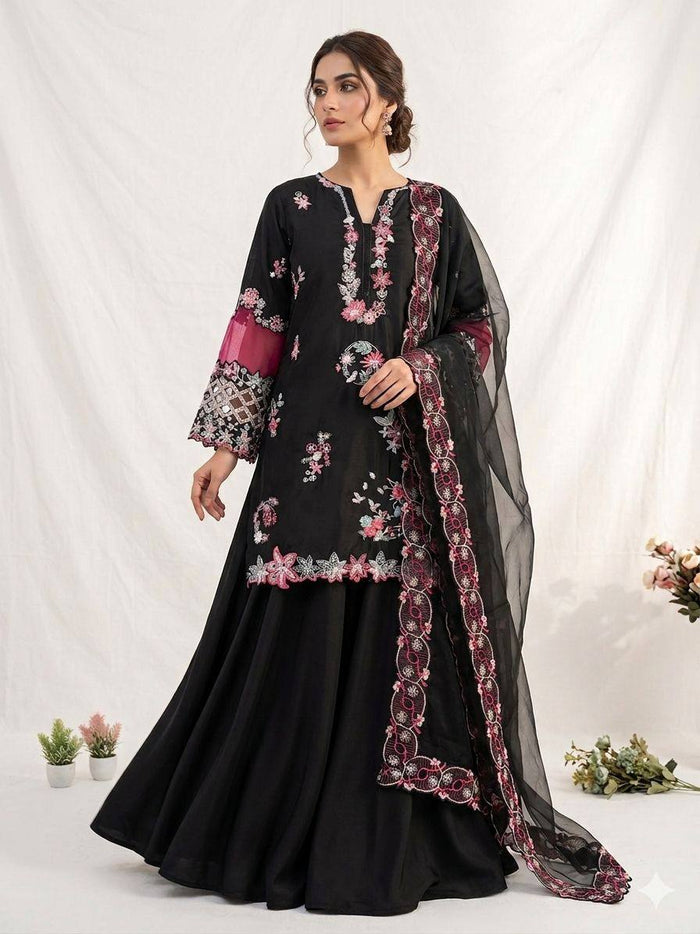 Black Embroidered Pakistani Anarkali Suit with Dupatta
