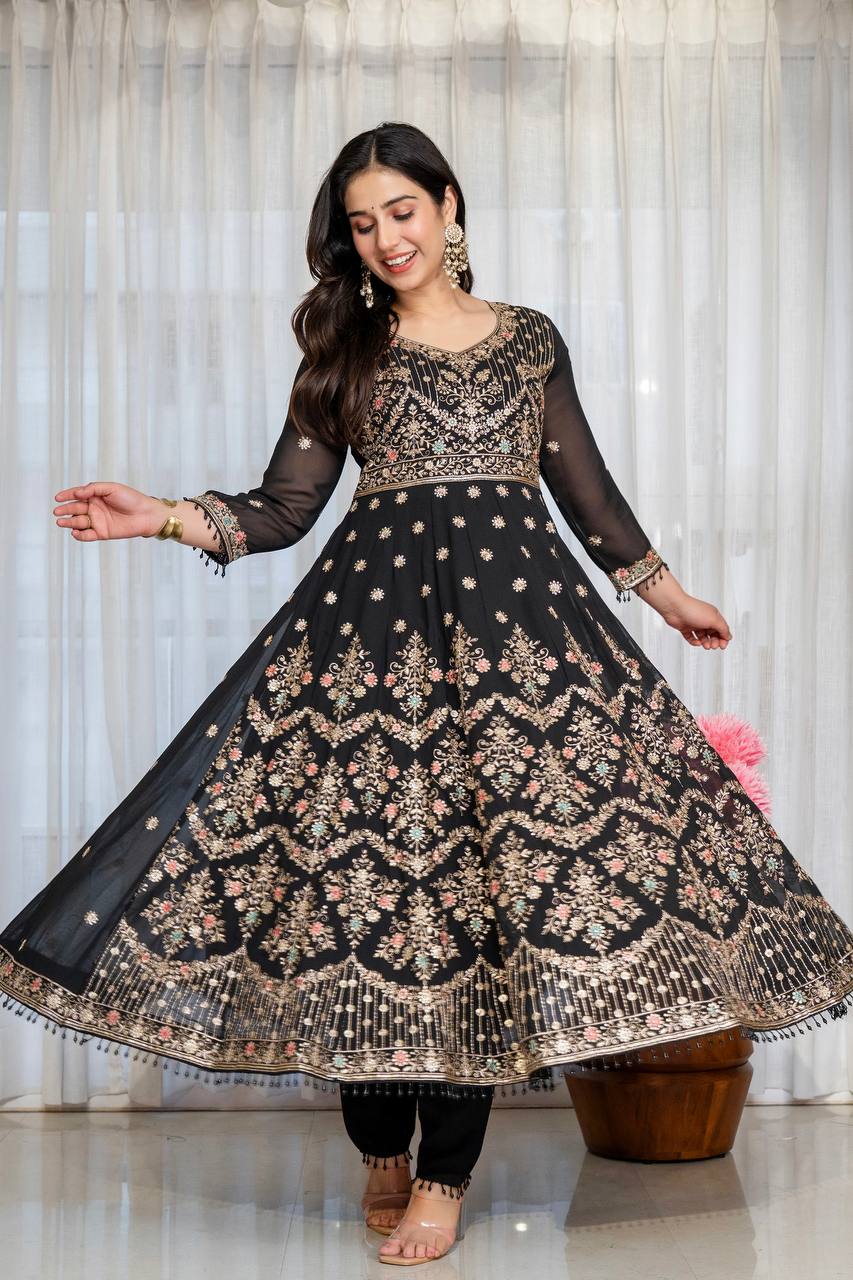 Premium Designer Embroidered Anarkali Gown | Heavy Floral Sequence & Thread Work | Festive Ethnic Wear