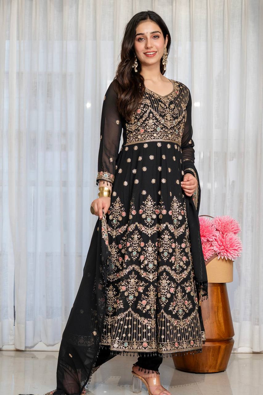 Premium Designer Embroidered Anarkali Gown | Heavy Floral Sequence & Thread Work | Festive Ethnic Wear