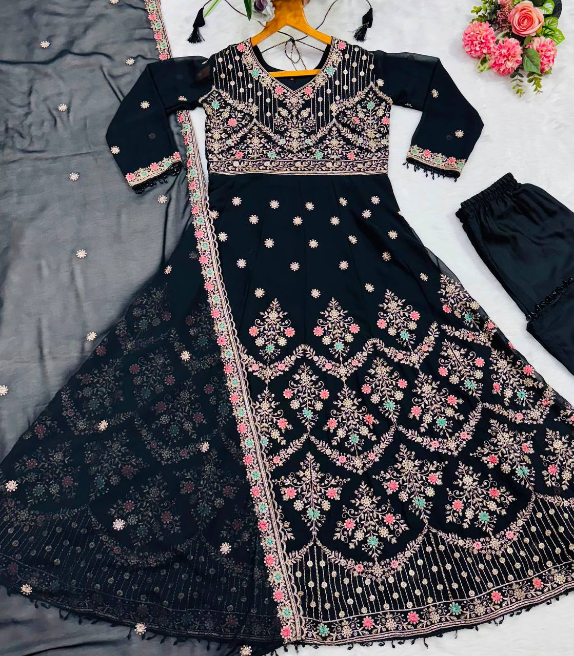 Premium Designer Embroidered Anarkali Gown | Heavy Floral Sequence & Thread Work | Festive Ethnic Wear