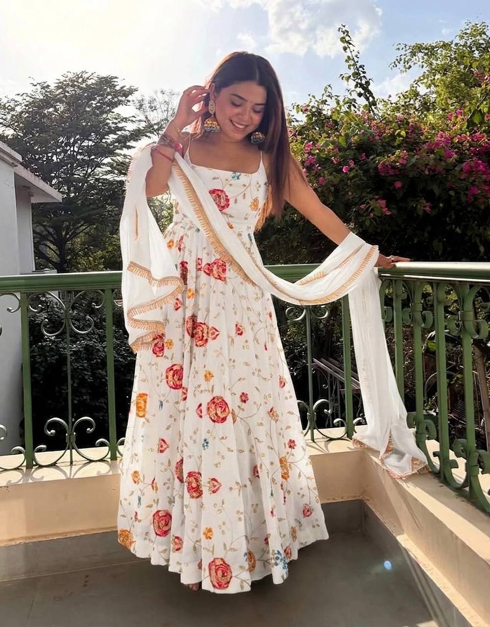 Floral Printed Anarkali Suit Set with Dupatta | White Ethnic Dress