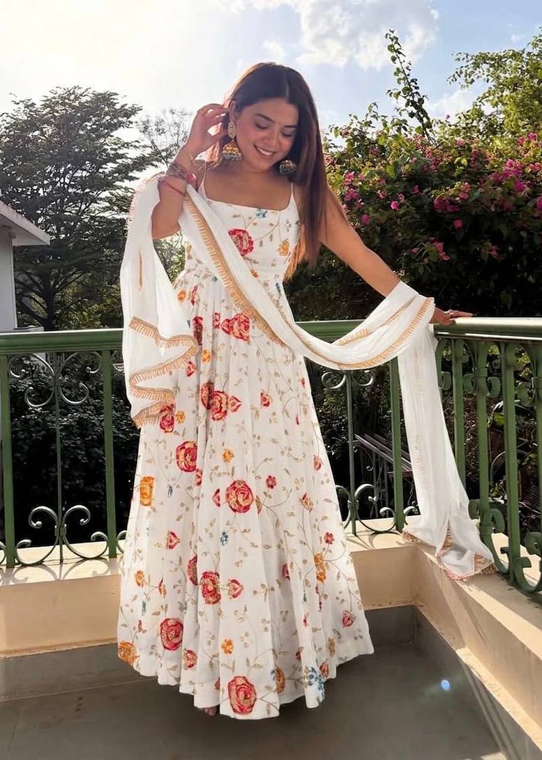 Floral Printed Anarkali Suit Set with Dupatta | White Ethnic Dress