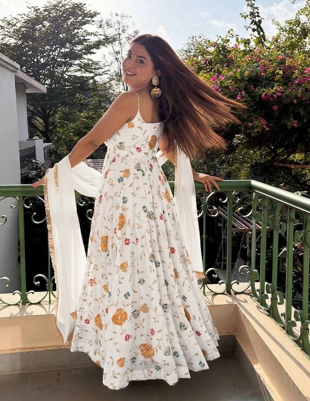 Floral Printed Anarkali Suit Set with Dupatta | White Ethnic Dress