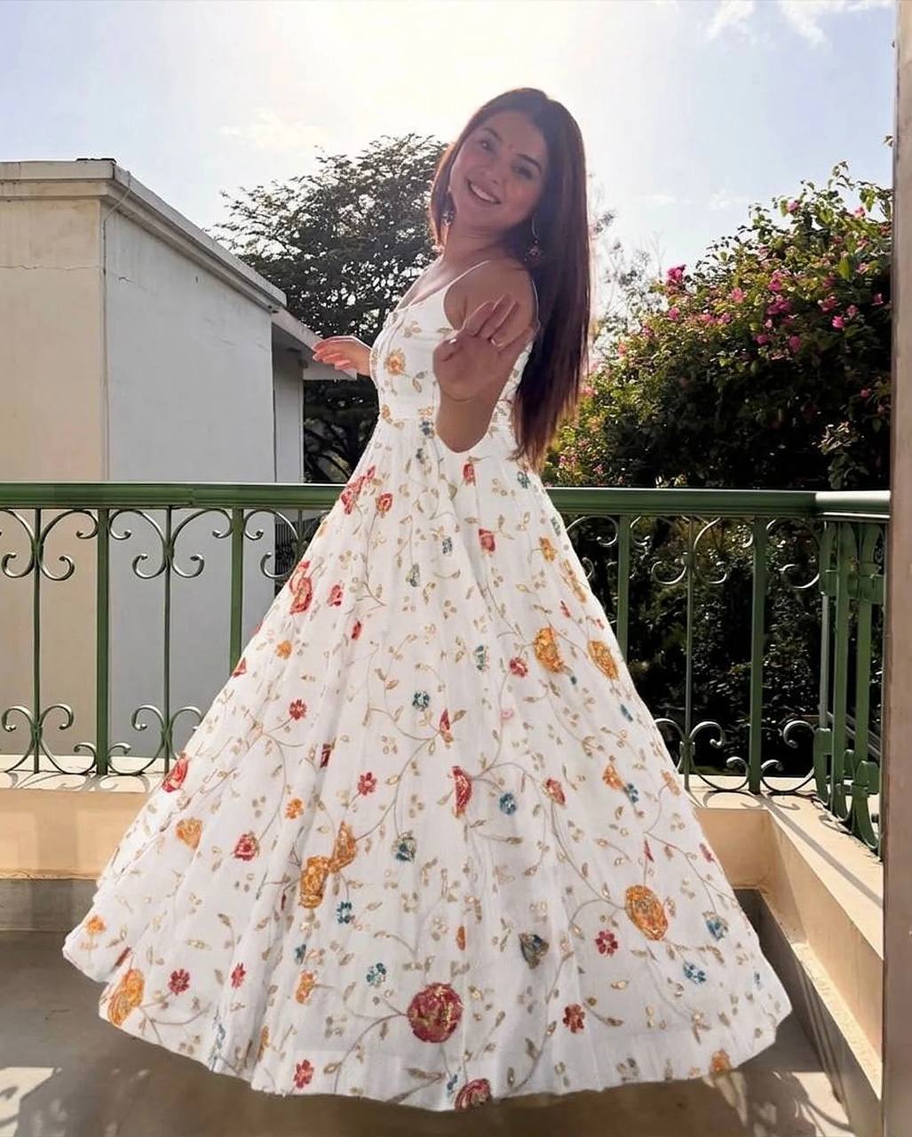 Floral Printed Anarkali Suit Set with Dupatta | White Ethnic Dress