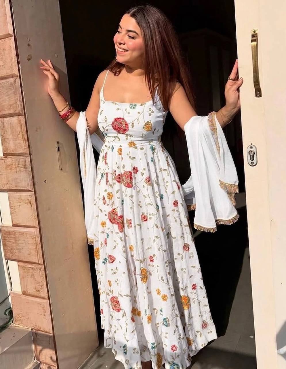 Floral Printed Anarkali Suit Set with Dupatta | White Ethnic Dress