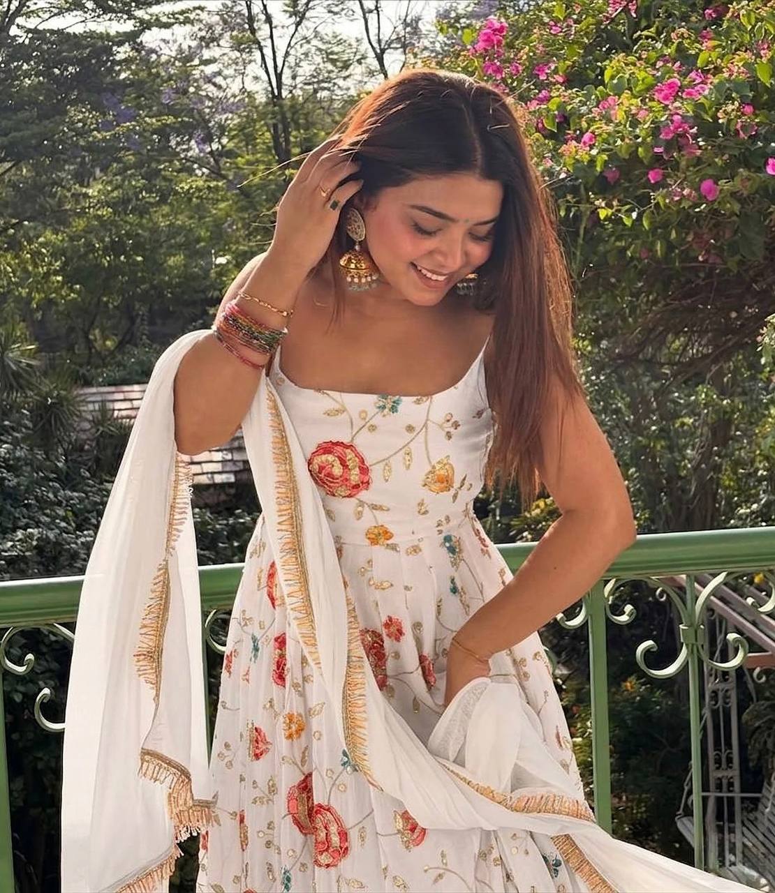 Floral Printed Anarkali Suit Set with Dupatta | White Ethnic Dress