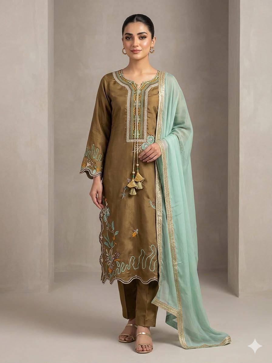 Brown Embroidered Kurta Pant Set with Mint Green Dupatta
