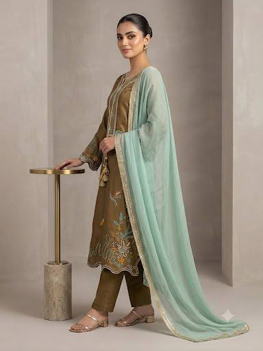 Brown Embroidered Kurta Pant Set with Mint Green Dupatta