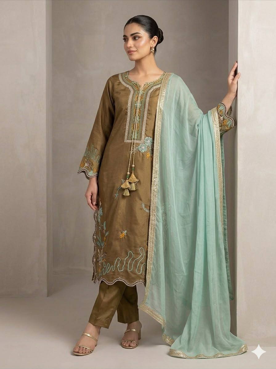 Brown Embroidered Kurta Pant Set with Mint Green Dupatta