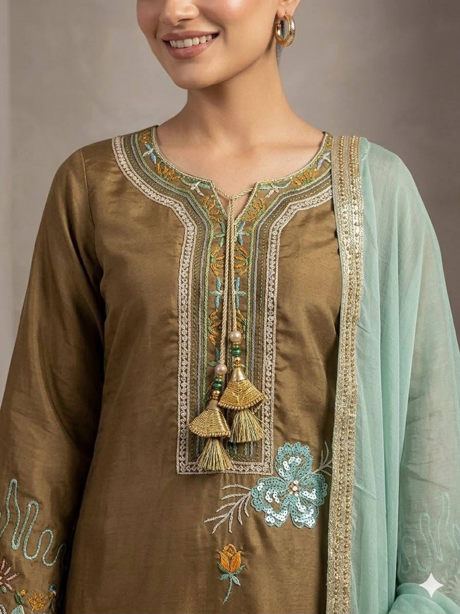 Brown Embroidered Kurta Pant Set with Mint Green Dupatta
