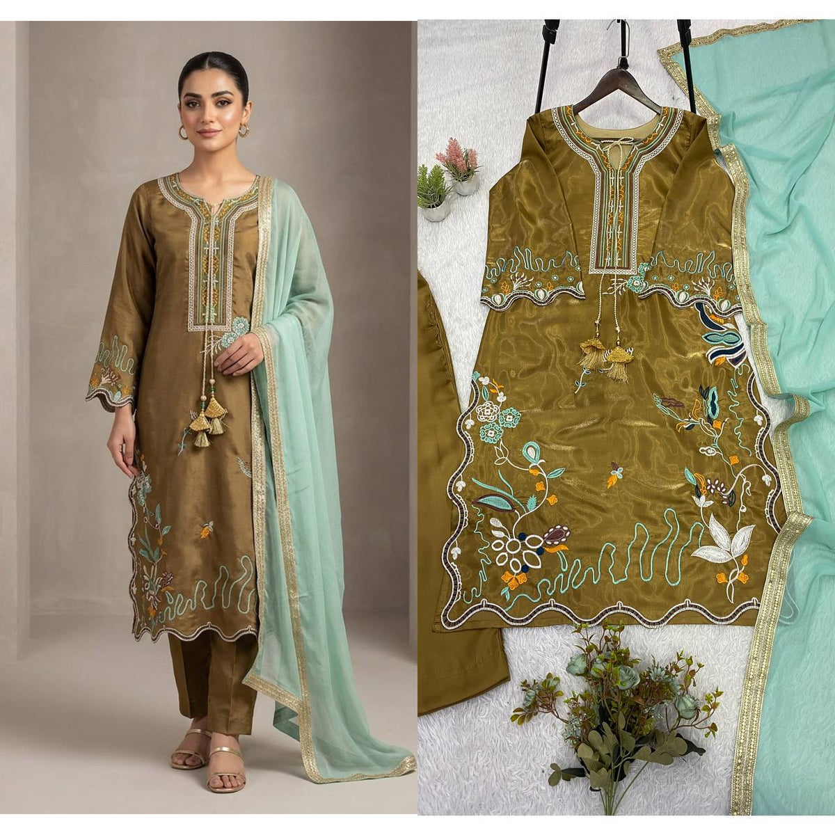 Brown Embroidered Kurta Pant Set with Mint Green Dupatta
