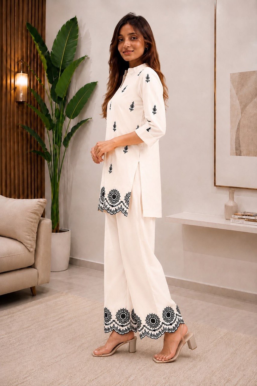 Women’s Embroidered Kurta Pant Set | Floral Embroidery 2 Piece Ethnic Wear