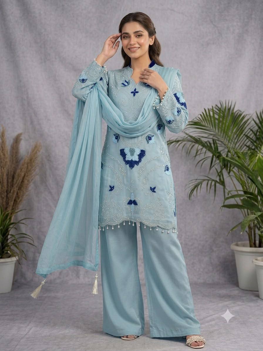 Designer Embroidered Kurta Palazzo Set with Dupatta