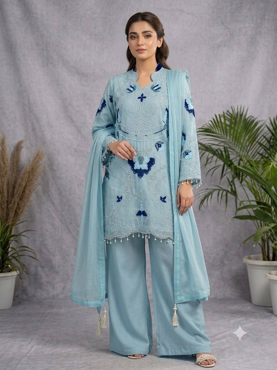 Designer Embroidered Kurta Palazzo Set with Dupatta