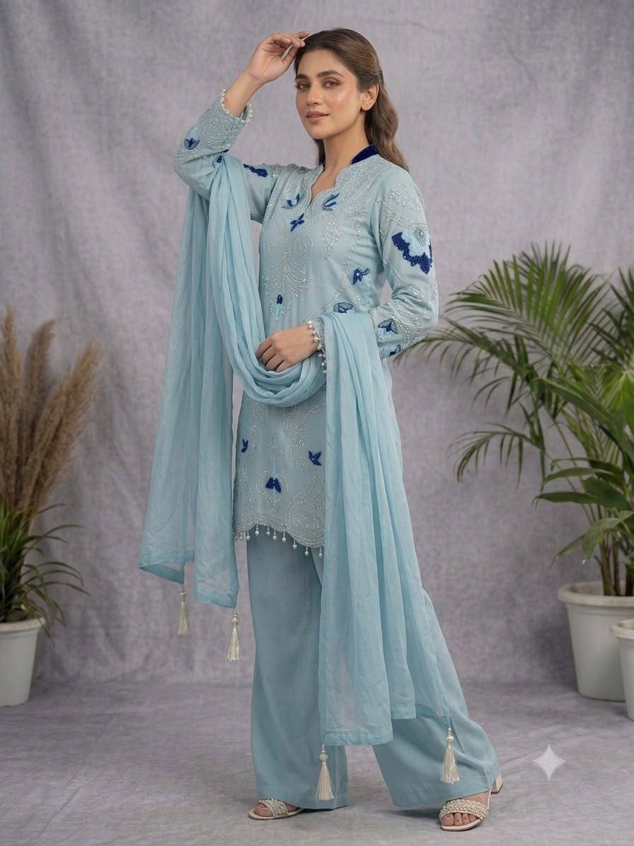 Designer Embroidered Kurta Palazzo Set with Dupatta