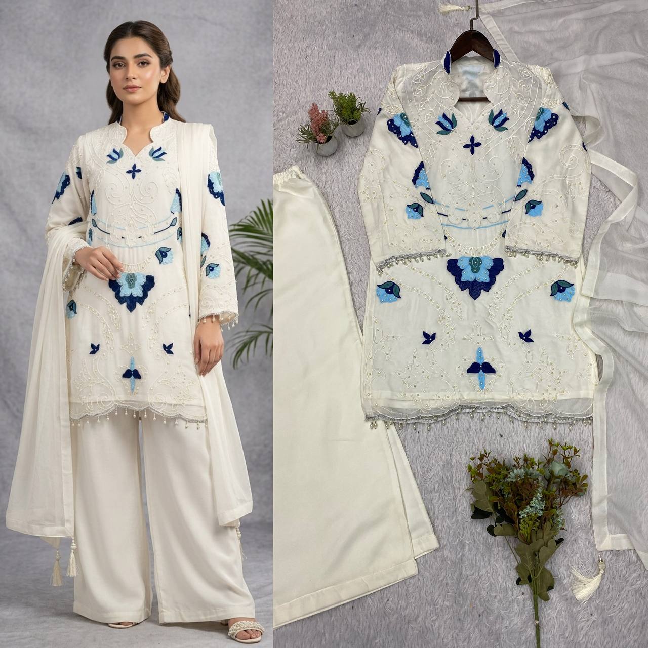 Designer Embroidered Kurta Palazzo Set with Dupatta