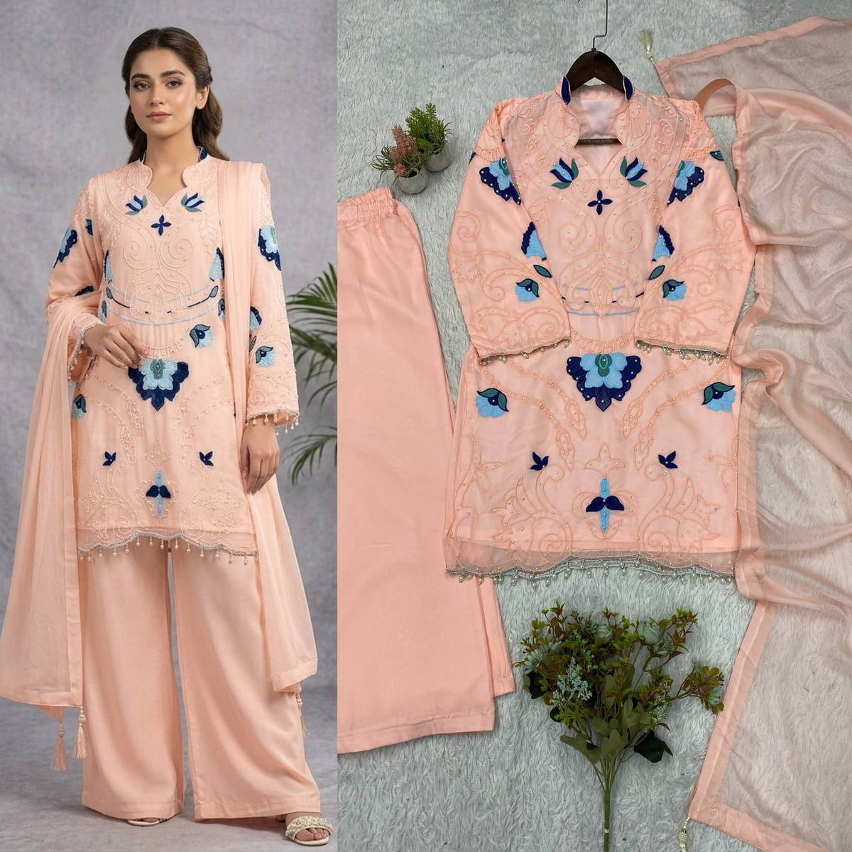Designer Embroidered Kurta Palazzo Set with Dupatta