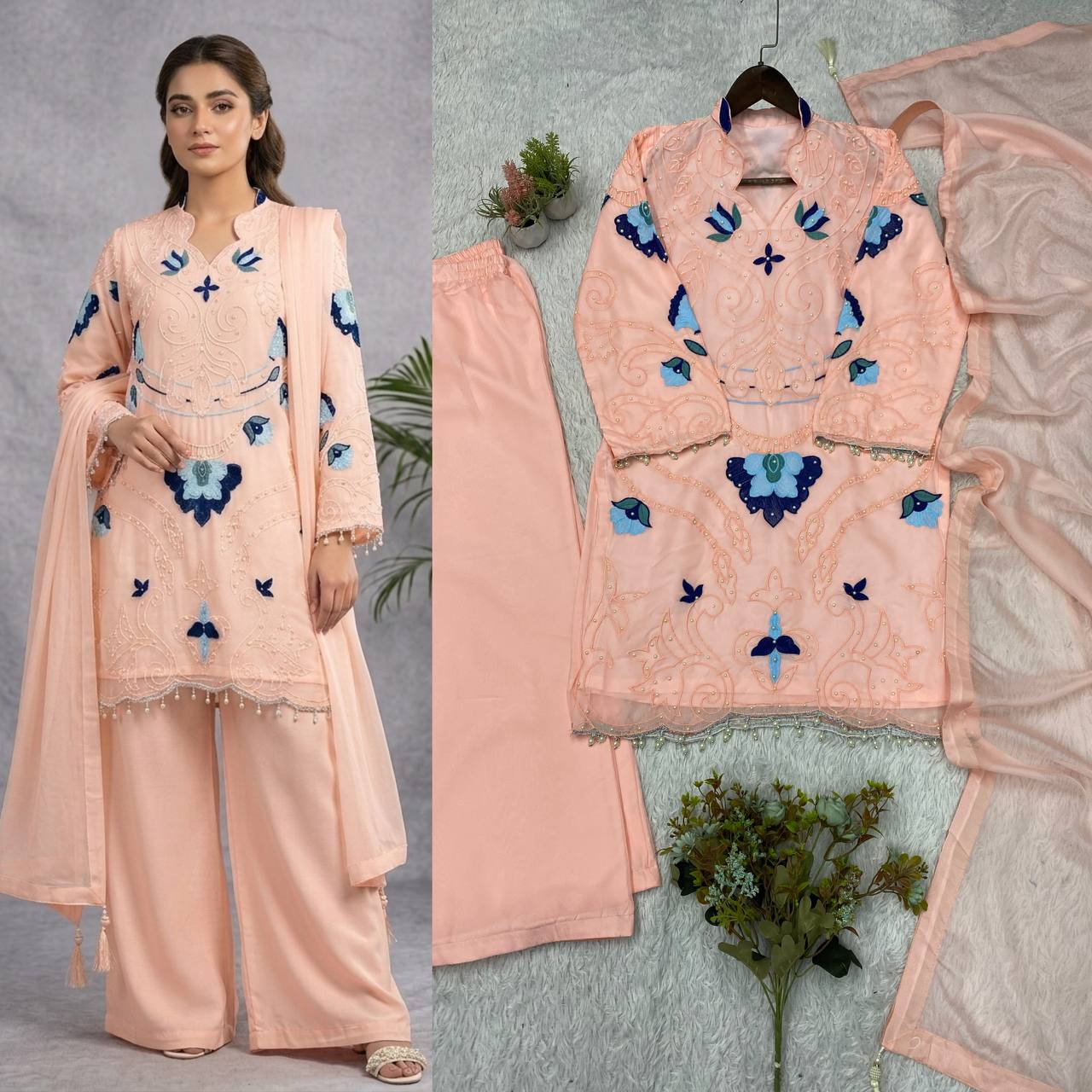 Designer Embroidered Kurta Palazzo Set with Dupatta