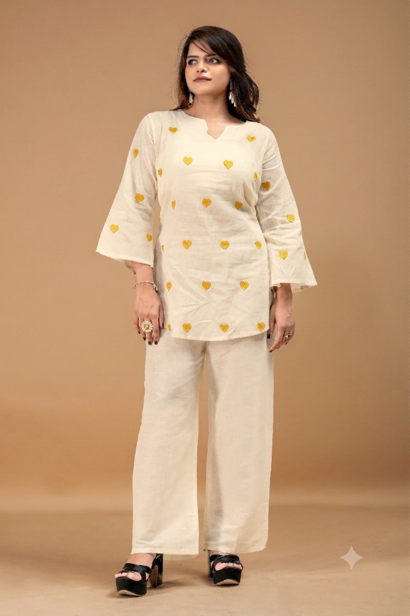Heart Embroidered Cotton Style Kurta Palazzo Set for Women