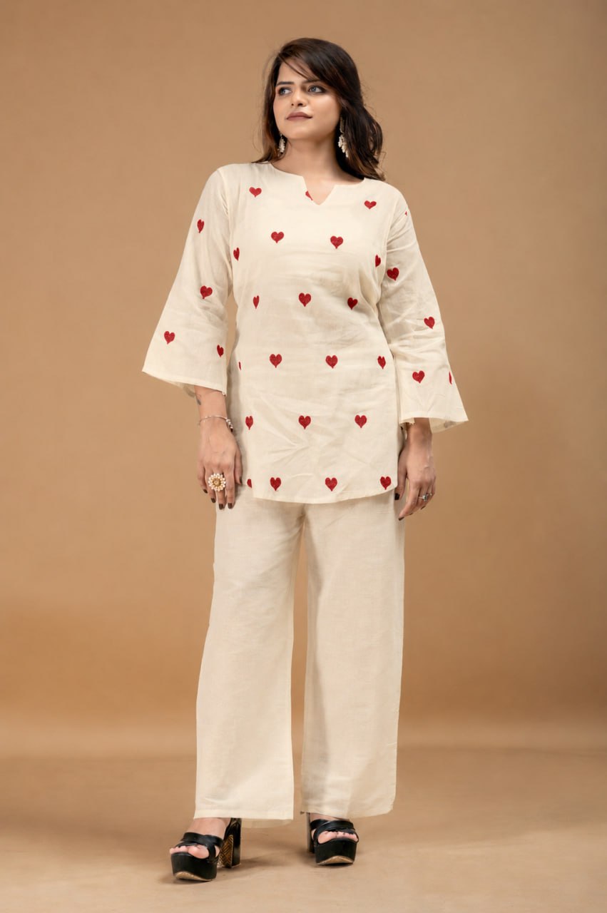 Heart Embroidered Cotton Style Kurta Palazzo Set for Women