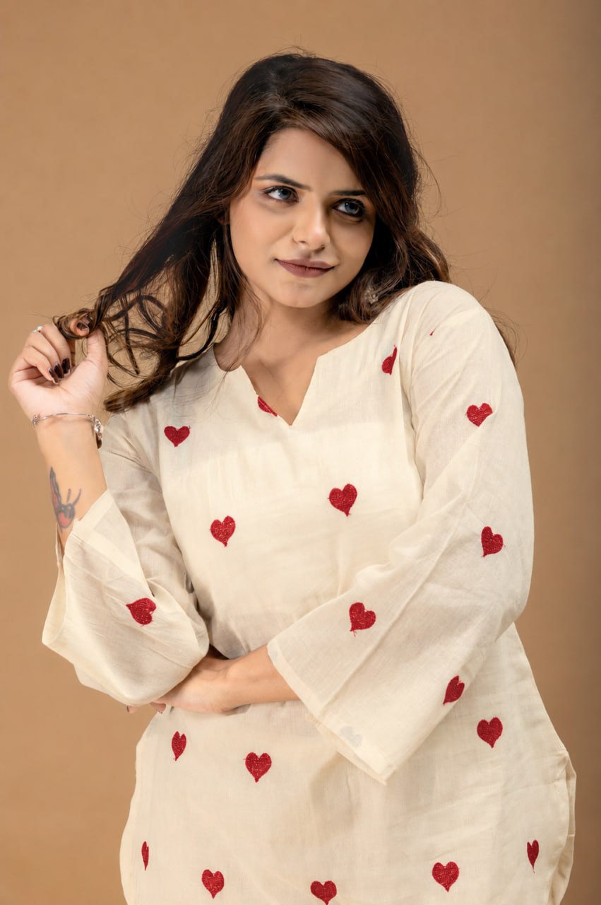 Heart Embroidered Cotton Style Kurta Palazzo Set for Women
