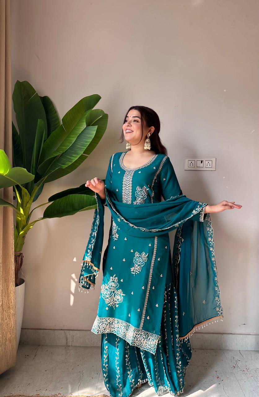 Designer Embroidered Sharara Suit Set with Dupatta | Festive Ethnic Wear