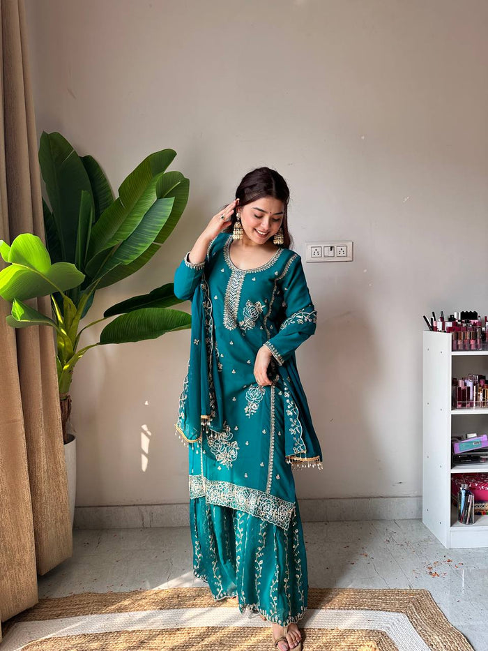 Designer Embroidered Sharara Suit Set with Dupatta | Festive Ethnic Wear