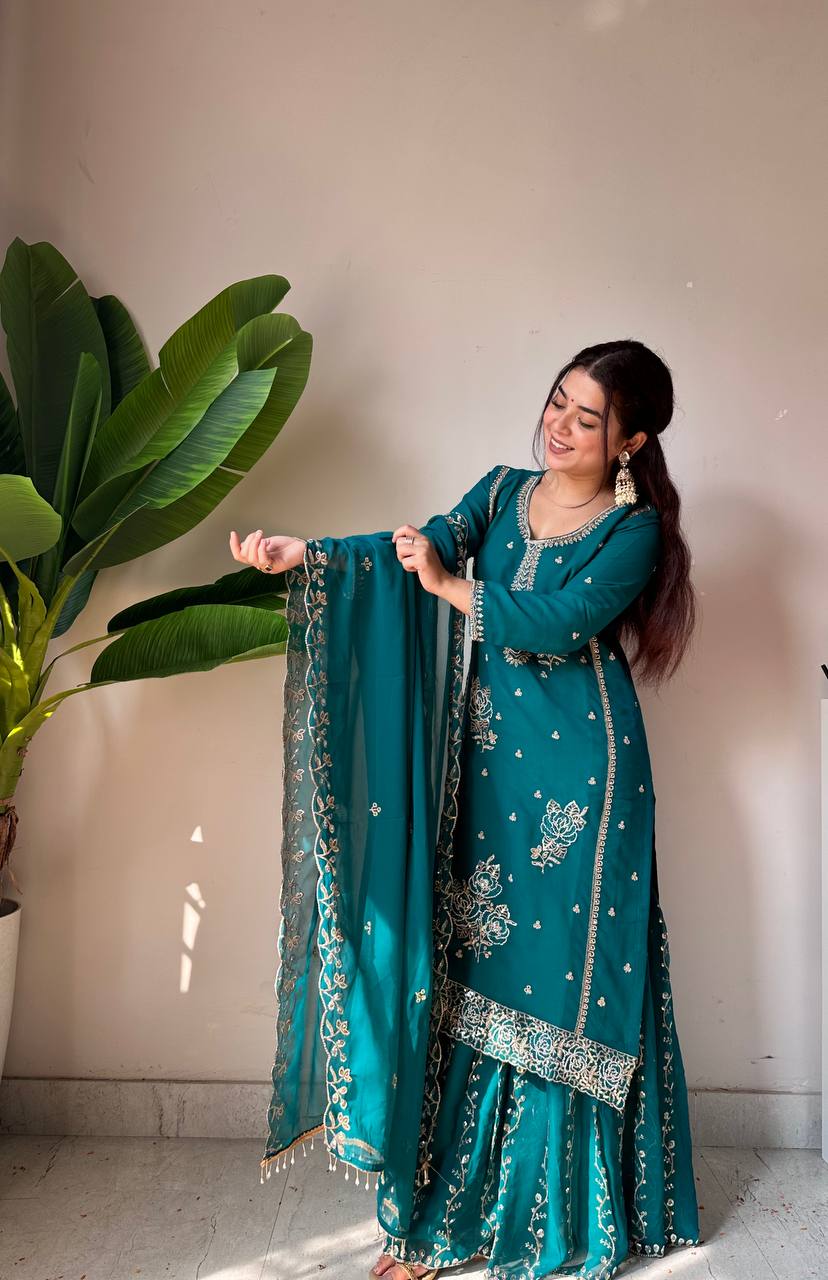 Designer Embroidered Sharara Suit Set with Dupatta | Festive Ethnic Wear