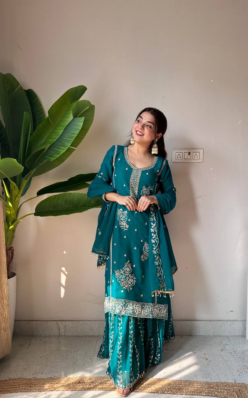 Designer Embroidered Sharara Suit Set with Dupatta | Festive Ethnic Wear