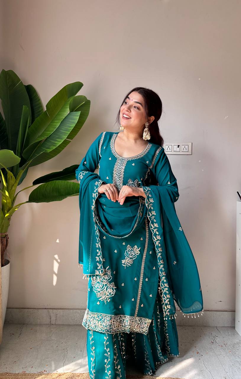 Designer Embroidered Sharara Suit Set with Dupatta | Festive Ethnic Wear