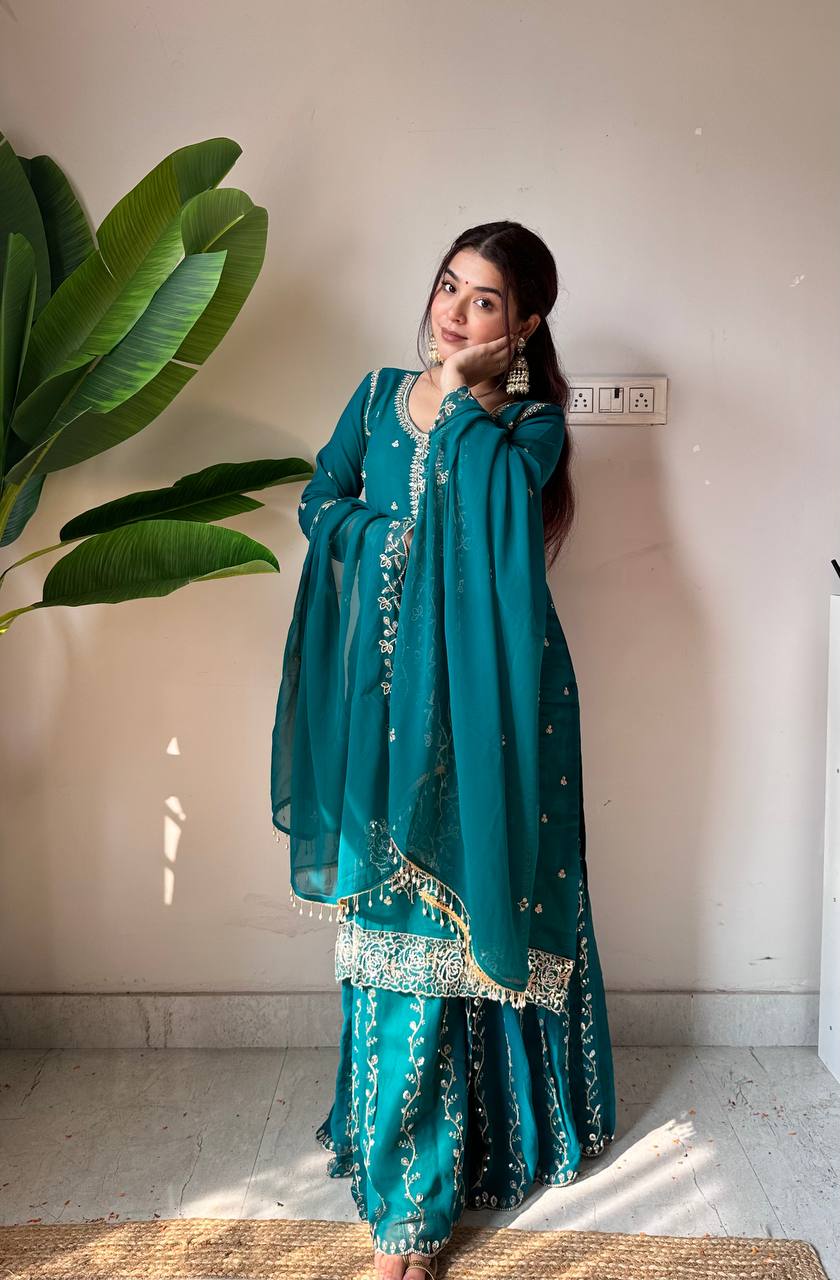 Designer Embroidered Sharara Suit Set with Dupatta | Festive Ethnic Wear