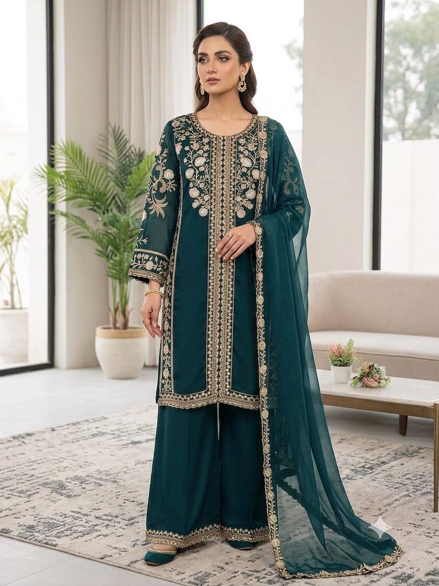 Women’s Embroidered Kurta Palazzo & Dupatta Set