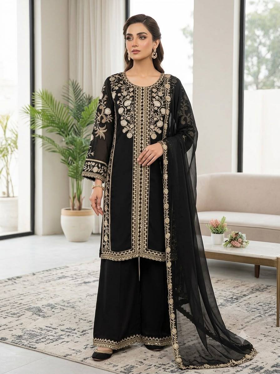 Women’s Embroidered Kurta Palazzo & Dupatta Set