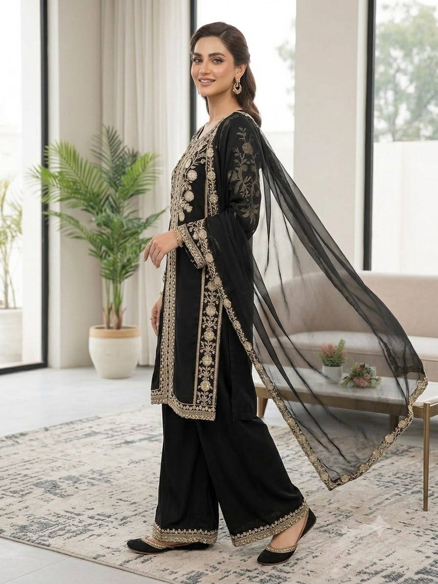 Women’s Embroidered Kurta Palazzo & Dupatta Set