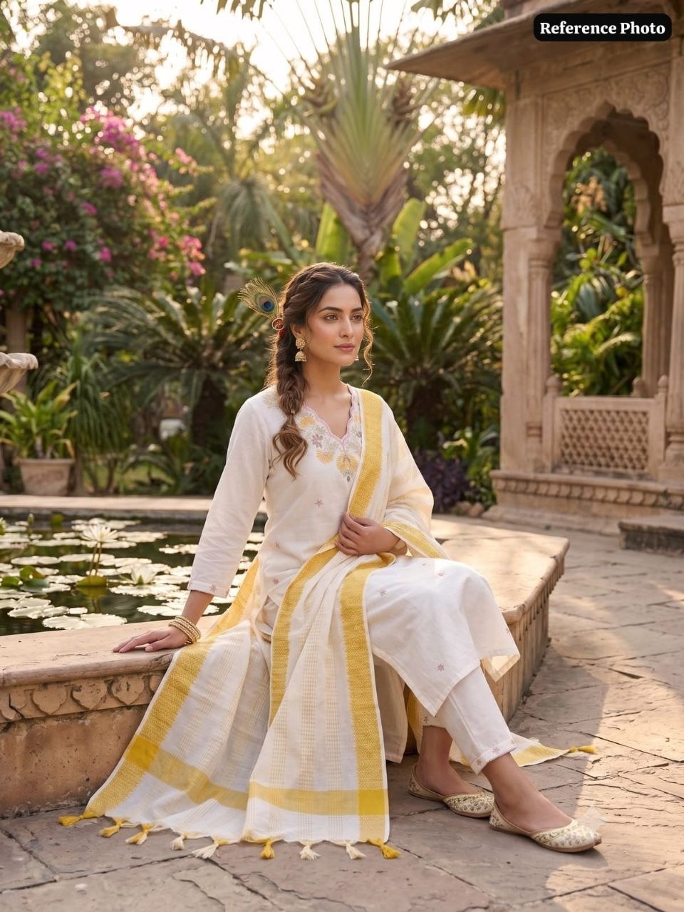 White & Yellow Floral Embroidered Straight Kurta Pant With Dupatta Set