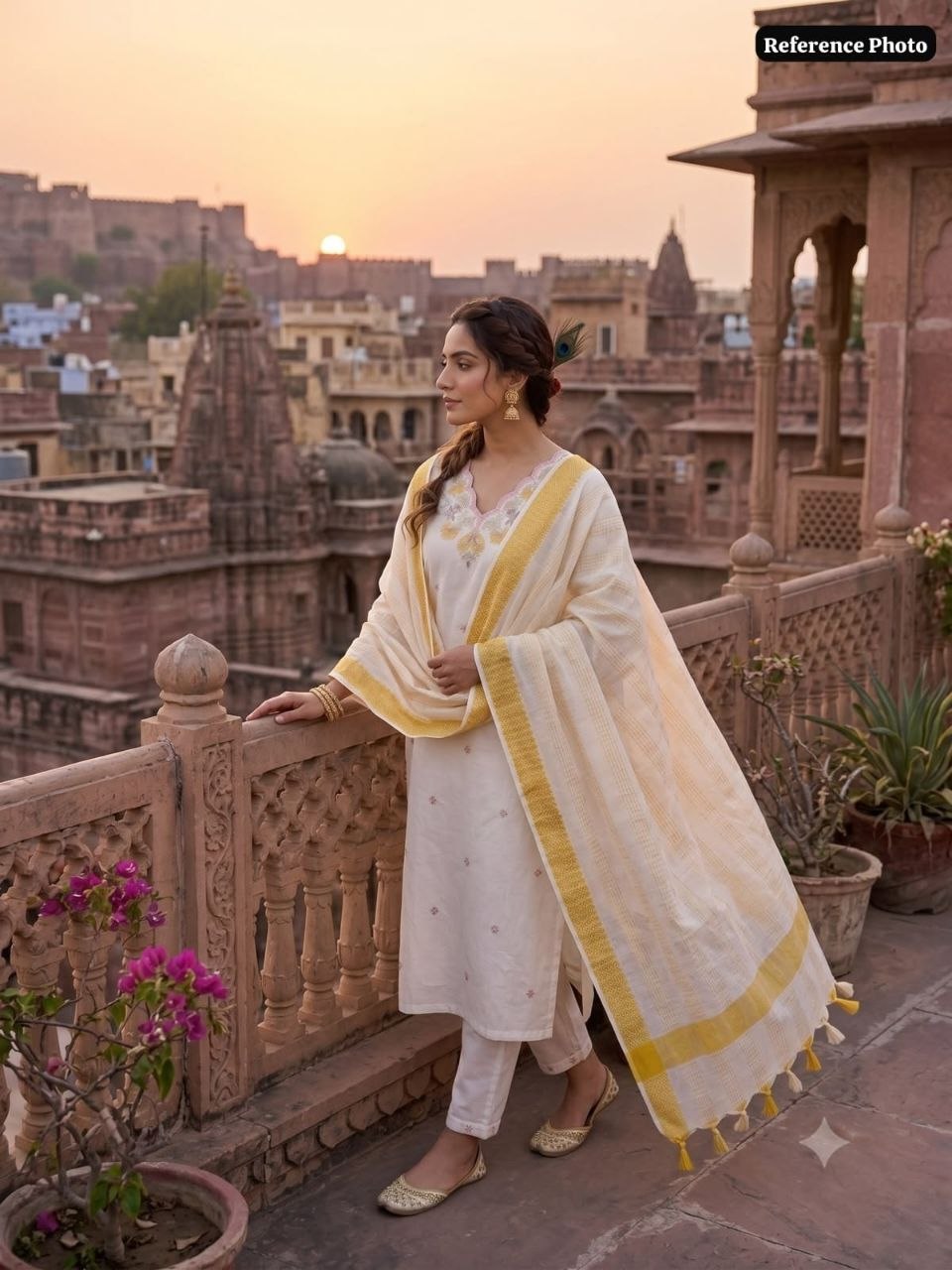 White & Yellow Floral Embroidered Straight Kurta Pant With Dupatta Set