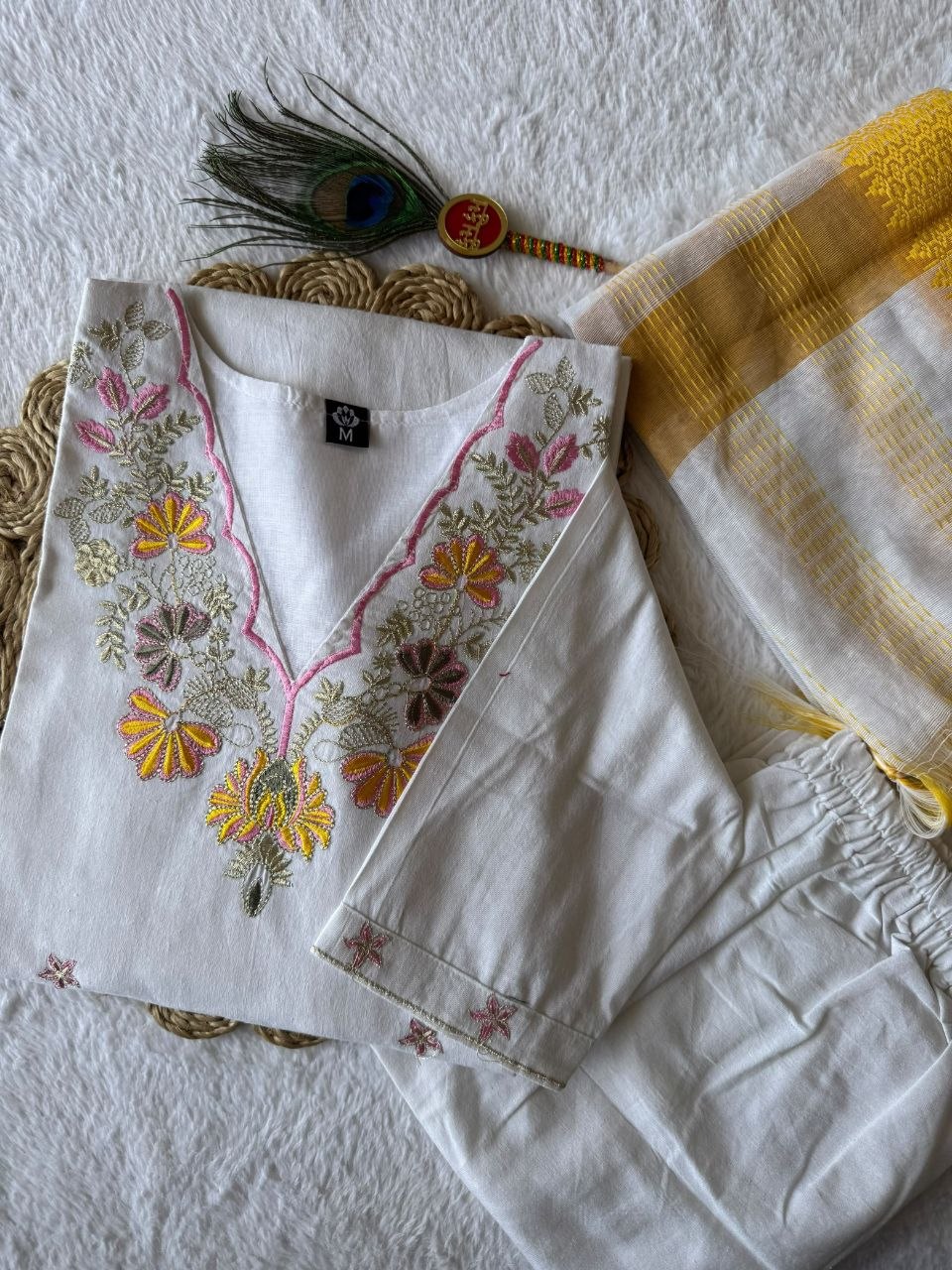 White & Yellow Floral Embroidered Straight Kurta Pant With Dupatta Set