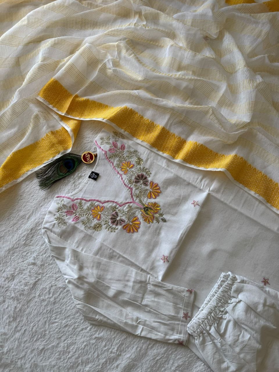 White & Yellow Floral Embroidered Straight Kurta Pant With Dupatta Set