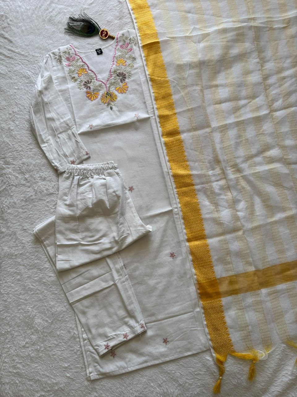 White & Yellow Floral Embroidered Straight Kurta Pant With Dupatta Set
